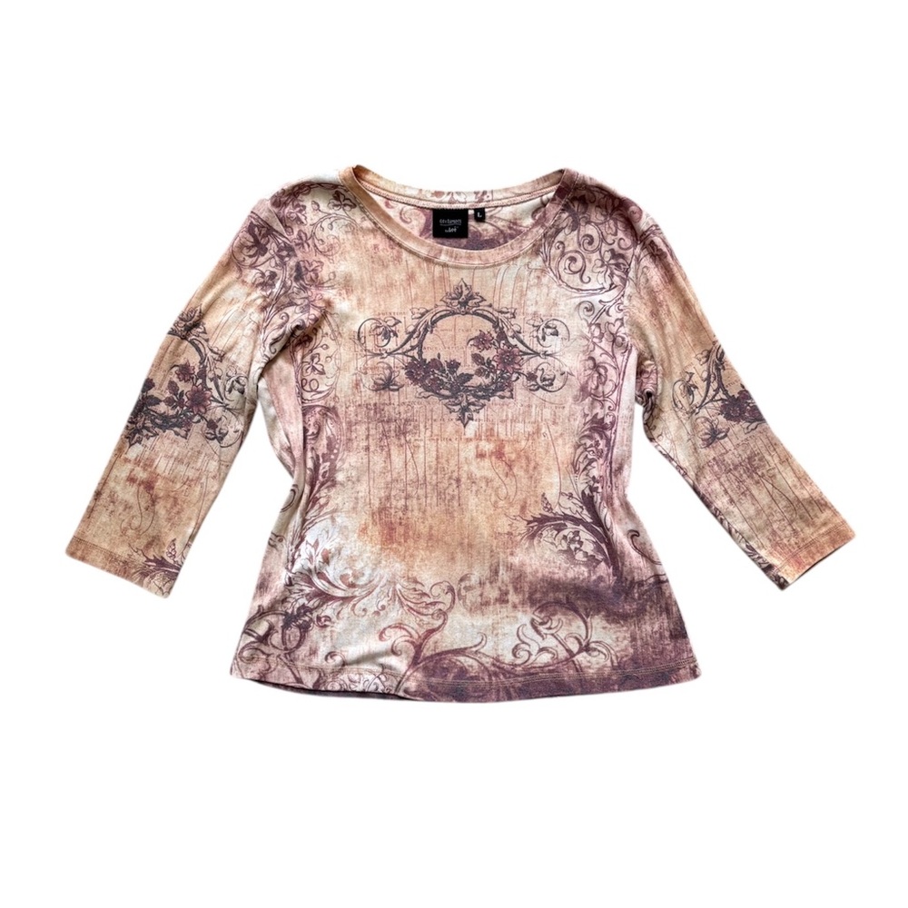 Vintage Y2K Printed Rhinestone 3/4 Sleeve Tee Fairy Grunge L